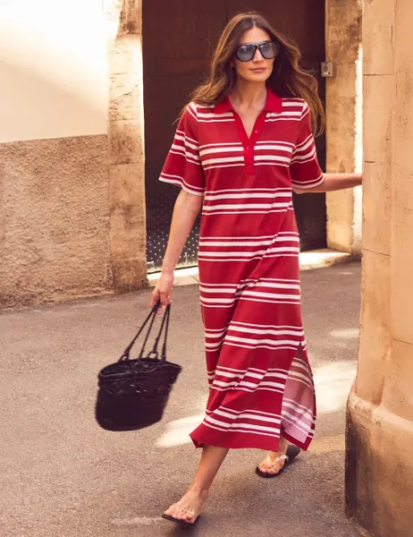 Pure Cotton Striped Midaxi T-Shirt Dress Red Mix