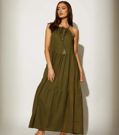 Women's Khaki Tie Neck Textured Midi Dress