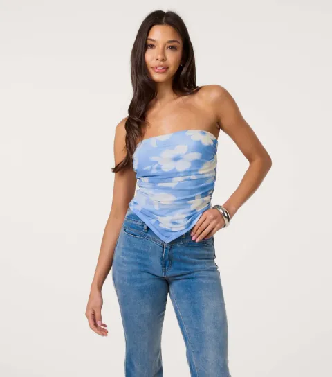 Women's Light Blue Floral Print Handkerchief Hem Bandeau Top