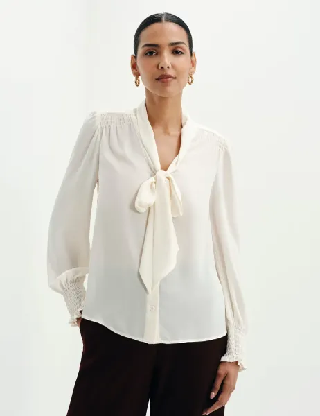 Finery London Tie Neck Button Through Blouson Sleeve Blouse Ivory
