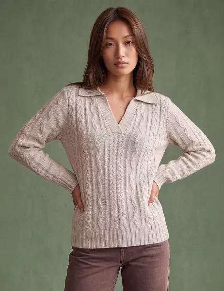 Roman Cable Knit Henley Jumper Stone