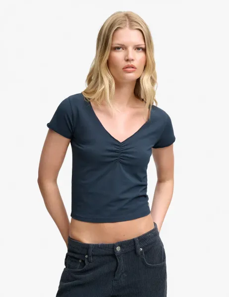Superdry & Co Cotton Rich V-Neck Crop T-Shirt Navy