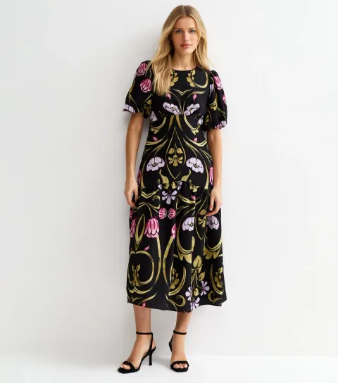 Women's Black Floral Puff Sleeve Midi Dress