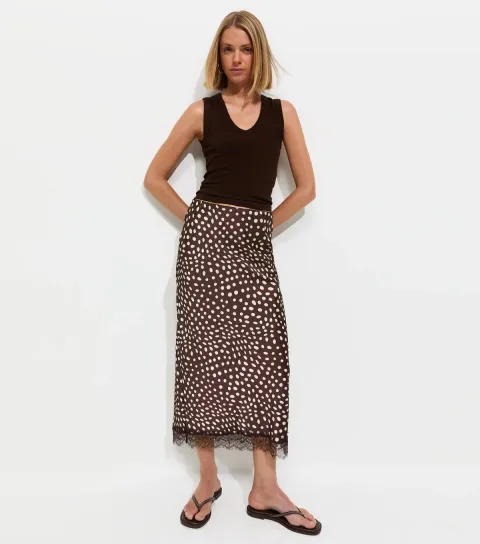 Women's Brown Satin Spotty Lace Trim Midi Skirt