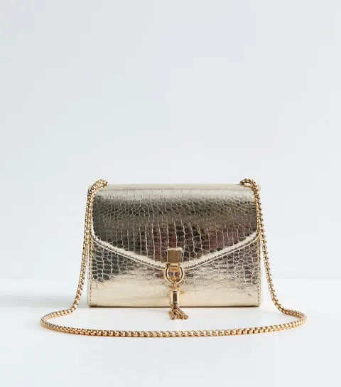 New Look Gold Faux Leather Tassel Trim Lizard Texture Crossbody Bag