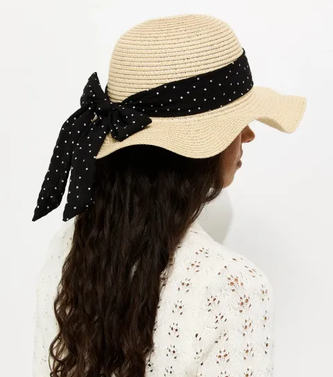 Stone Wavy Brim Straw Hat with Polka Dot Bow