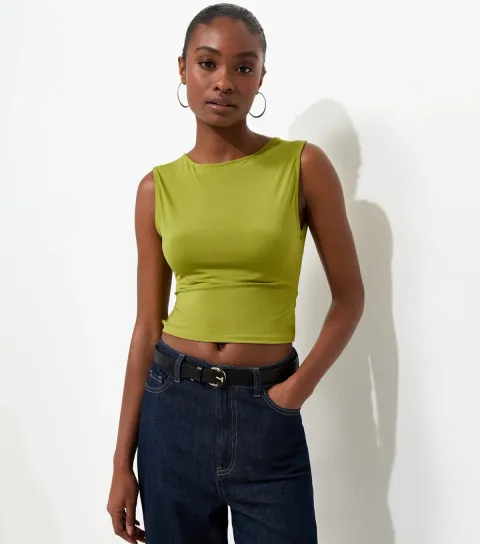 Women's Bright Green Twisted Open Back Slinky Sleeveless Top