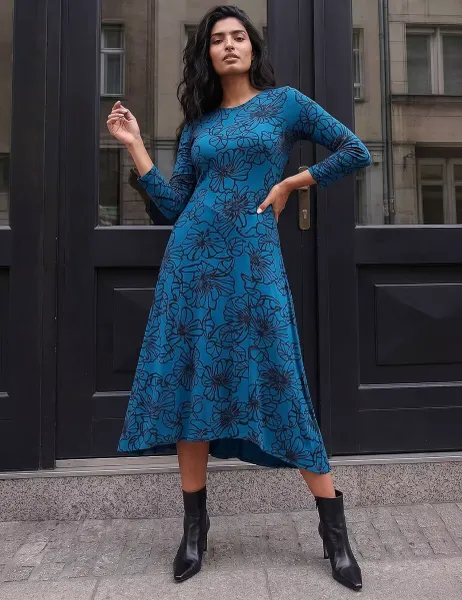 Roman Asymmetric Hem Midi Dress Teal Mix