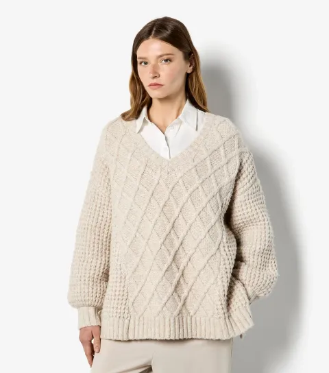 Women's Stone Cable Mixed Chunky Knit Jumper