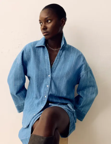 Per Una Denim Striped Collared Relaxed Shirt Medium Indigo