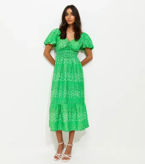 Women's Green Crepe Ditsy Puff Sleeve Shirred Waist Midi Dress