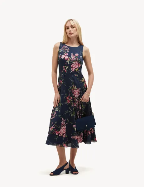 Hobbs Satin Floral Crew Neck Midi Skater Dress Blue Mix