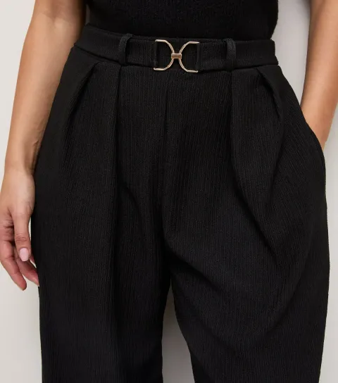 Women's Petite Black Belted Crinkle Texture Wide Leg Trousers
