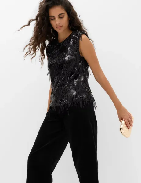 Marks & Spencer Sequin Round Neck Fringe Detail Shell Top Black