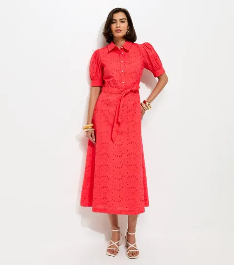 Women's Coral Broderie Shirt Midi Dress