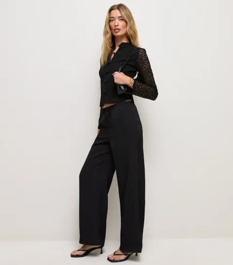 New Look Women's Tall Black Satin Drawstring Wide Leg Trousers