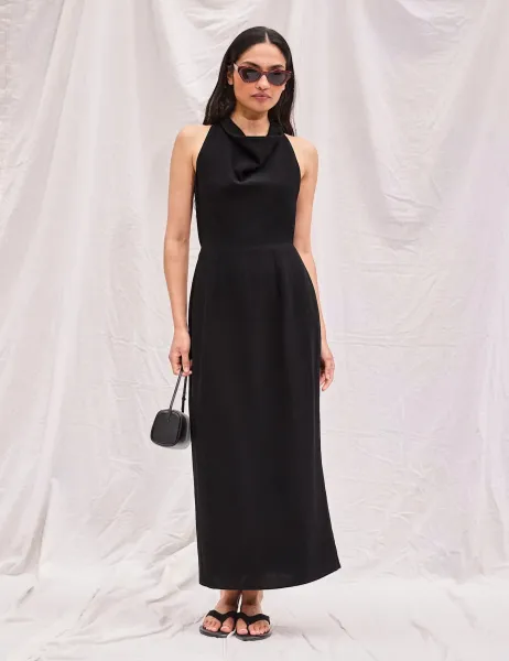 RO&ZO Cowl Neck Midaxi Column Dress with Linen Black