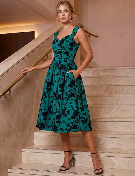 Roman Glitter Floral Flock Dress Teal Mix