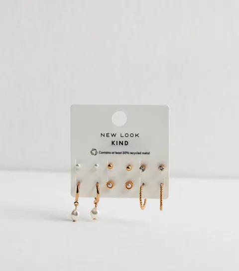 Pack of 6 Gold Tone Faux Pearl Stud and Hoop Earrings