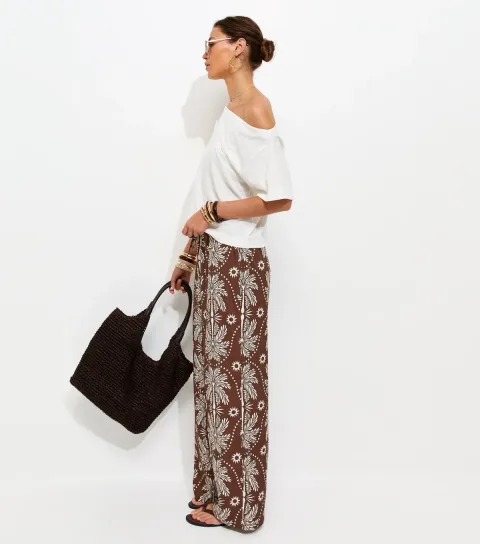 Women's Brown Palm Tree Print Wide Leg Trousers