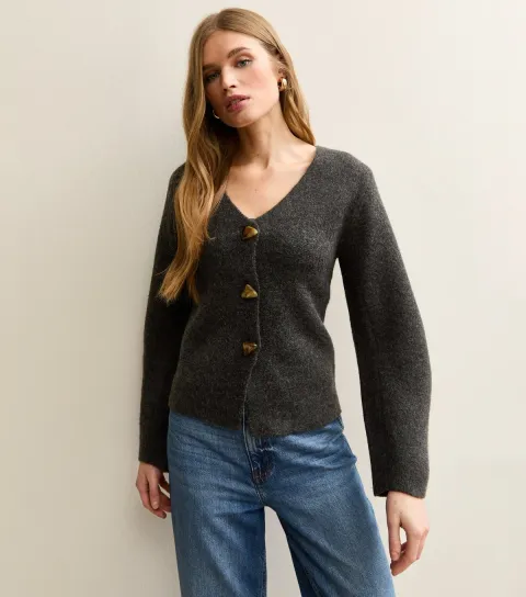 Women's Dark Grey V-Neck Heavyweight Knit Cardigan