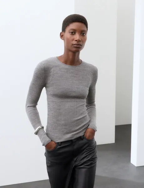 Autograph Pure Merino Wool Ribbed Long Sleeve Top Mid Grey Marl
