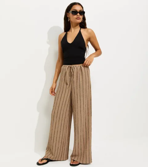Women's Petite Brown Crinkle Texture Striped Wide Leg Trousers