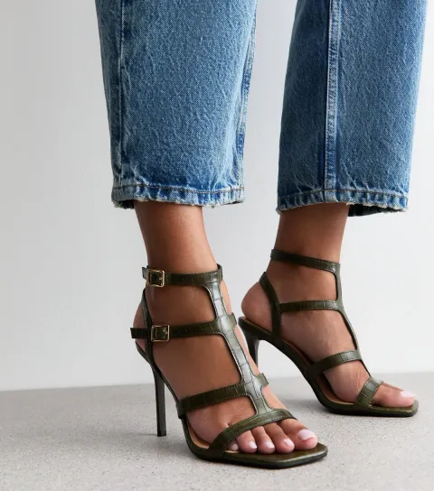 New Look Women's Dark Green Gladiator Strap Stiletto Heel Sandals Vegan