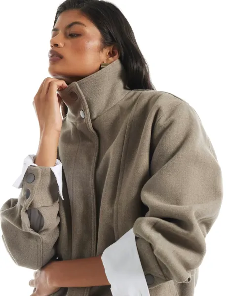 Oversized Funnel Neck Bomber Jacket Taupe