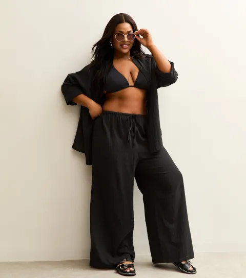 Women's Plus Size Black Cotton Slub Beach Trousers Curves