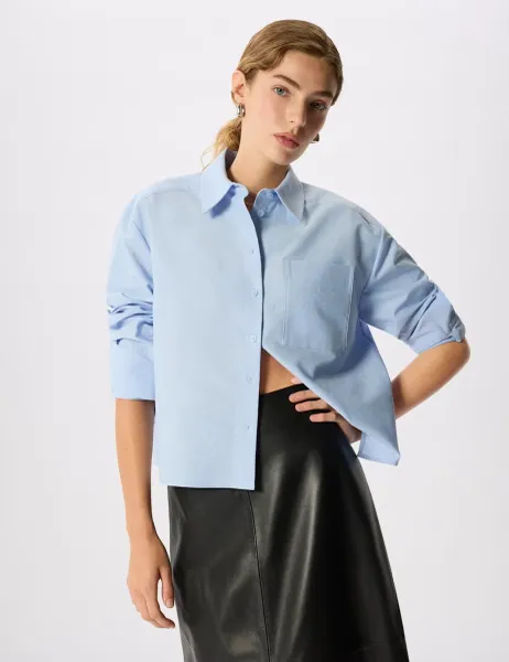 Whistles Pure Cotton Collared Boxy Button Through Shirt Pale Blue