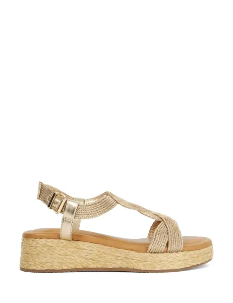 Dune London Metallic Buckle Ankle Strap Flatform Sandals Gold