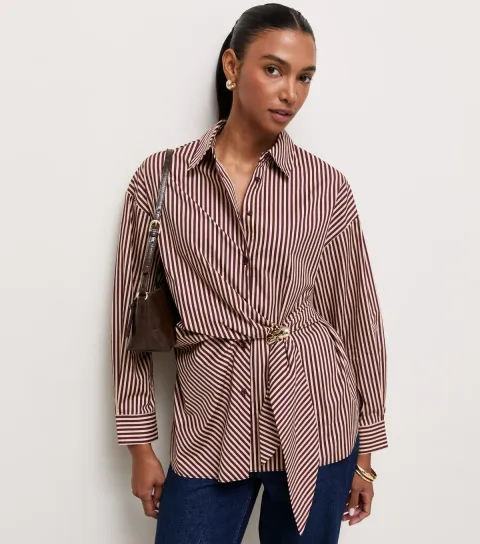 New Look Women's Brown Cotton Striped Tie Waist Shirt