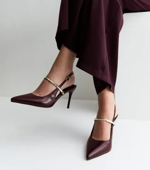 Women's Dark Burgundy Faux Leather Metallic Strap Slingback Pumps Vegan