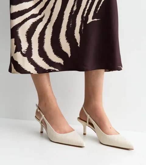 Women's Off White Faux Leather Woven Slingback Court Shoes Vegan