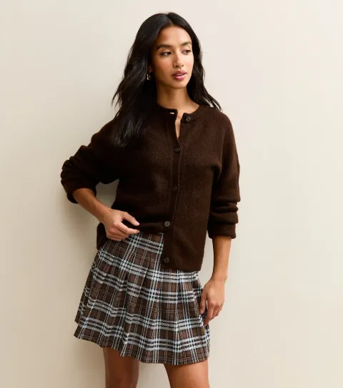 Women's Petite Brown Checked Pleated Mini Skirt