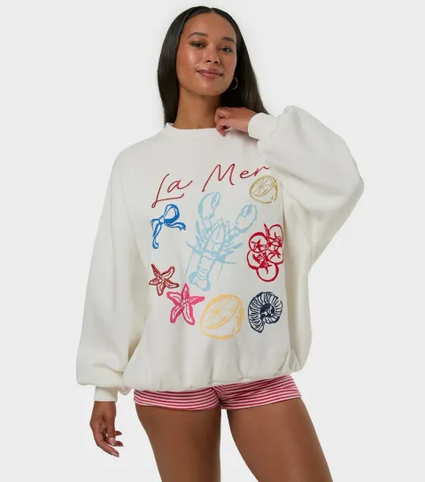 Women's White La Mer Embroidered Oversized Sweatshirt