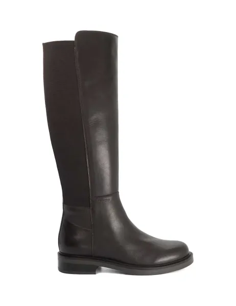 Dune London Leather Block Heel Round Toe Knee High Boots Brown