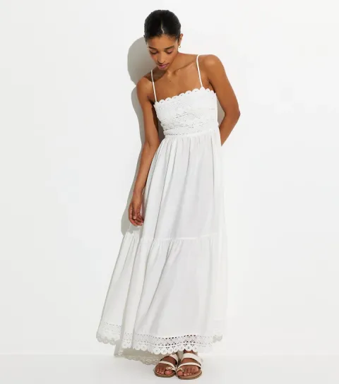 Women's White Crochet Panel Beach Maxi Dress