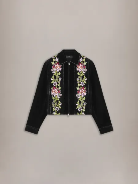 FLORAL FLOCK EMBELLISHED BLOUSON - Black