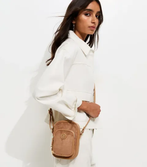 Camel Faux Leather Logo Charm Phone Bag