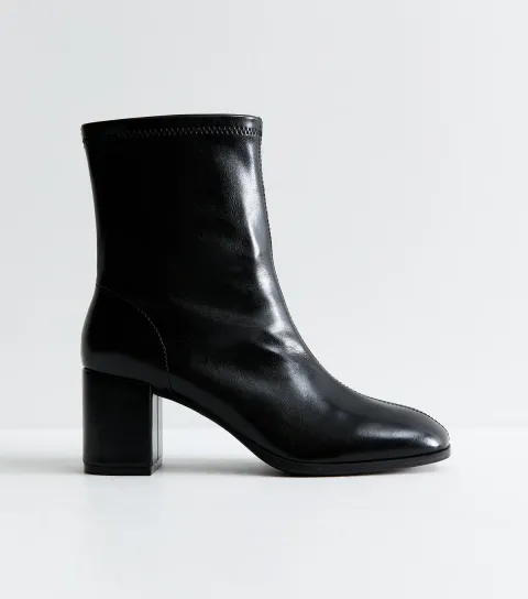 New Look Women's Black Faux Leather Sock Block Heel Ankle Boots Vegan