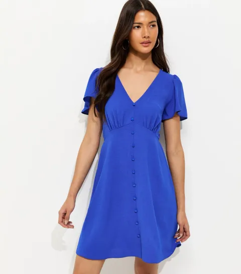 Women's Bright Blue Flutter Sleeve Mini Tea Dress