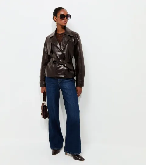 Women's Dark Burgundy Patent Faux Leather Crocodile Embossed Tie Waist Jacket