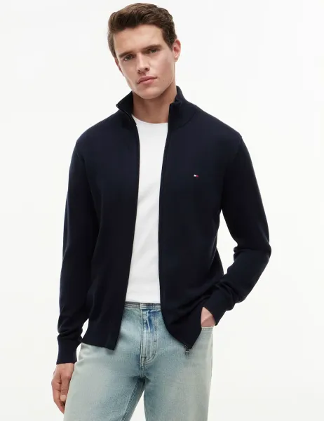 Tommy Hilfiger Pure Cotton Zip Up Funnel Neck Cardigan Navy