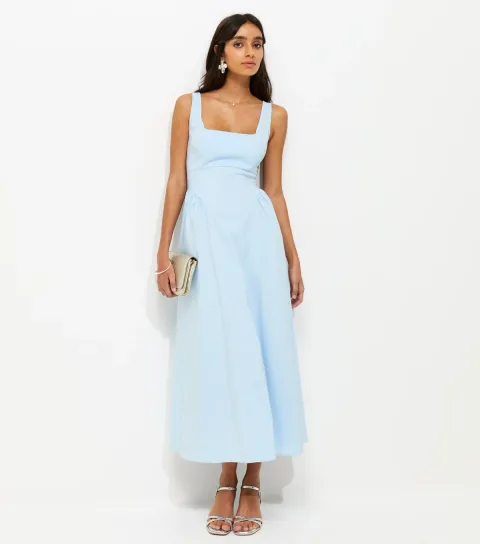 New Look Women's Light Blue Square Neck Gathered Hips Midi Dress