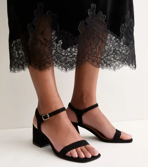 New Look Women's Black Faux Suede Block Heel Sandals Vegan