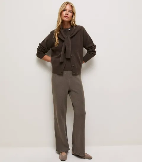New Look Women's Dark Mink Midweight Knit Wide Leg Trousers
