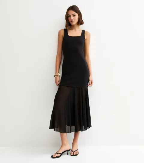 Women's Black 2in1 A-line Semi Sheer Skirt Midi Dress