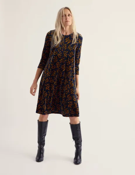 Seasalt Cornwall Velvet Printed Knee Length Shift Dress Navy Mix